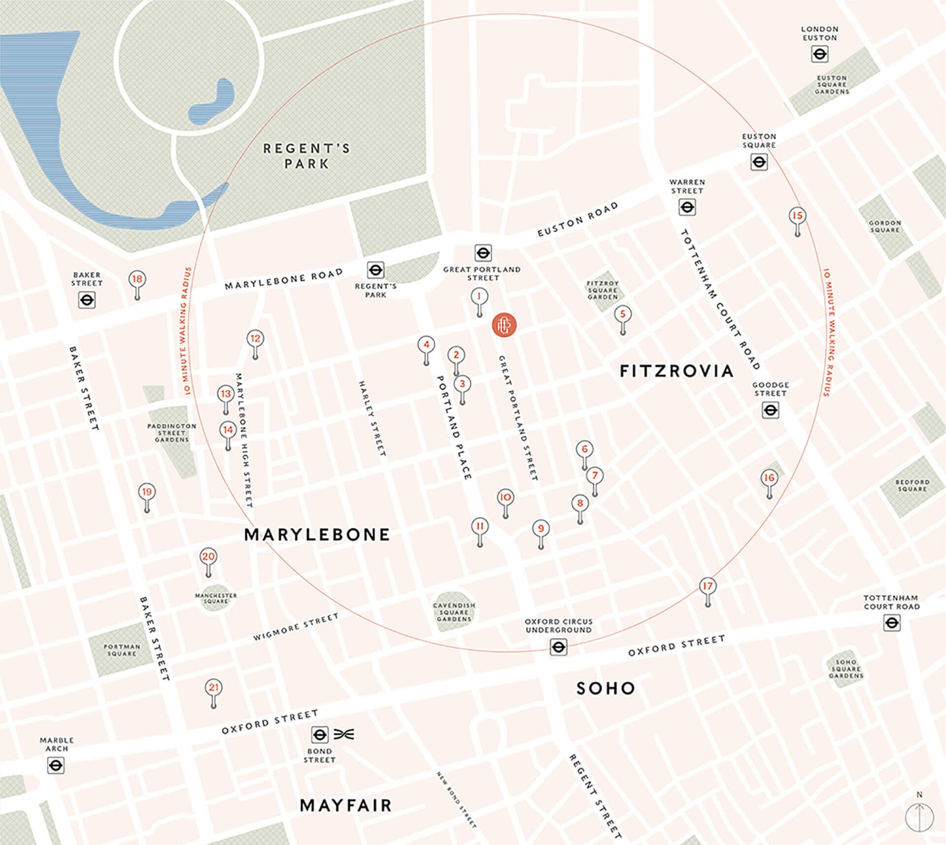 w1 place is located between marylebone and fitzrovia near regents park